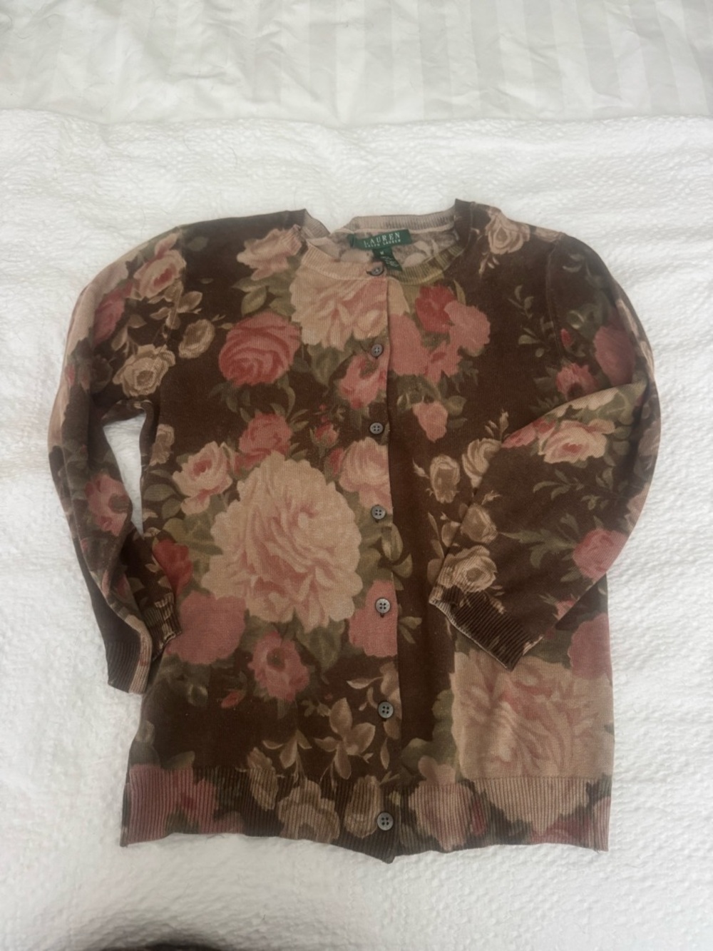 Ralph Lauren Brown Floral Button-Front Cardigan with Pink Roses